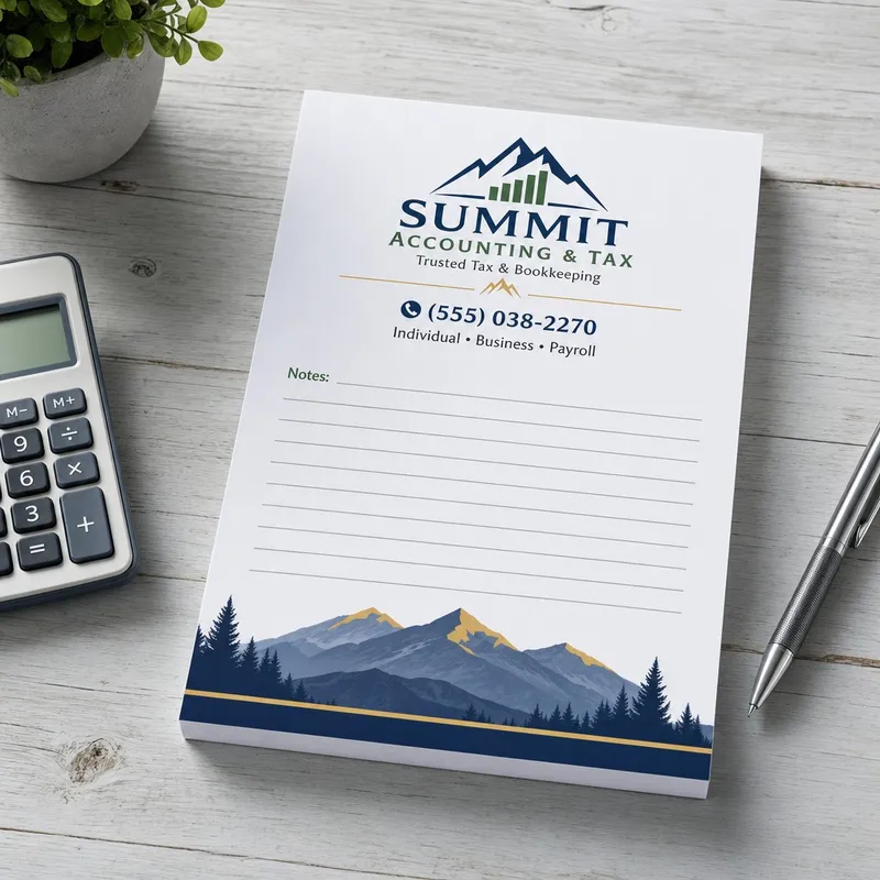 Custom 5.5 x 8.5 inch Summit Accounting & Tax lined notepad with mountains, a calculator and pen