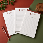 Custom 5.5 x 8.5 inch Redwood Lane Notes checklist notepads with a tree logo on red and green