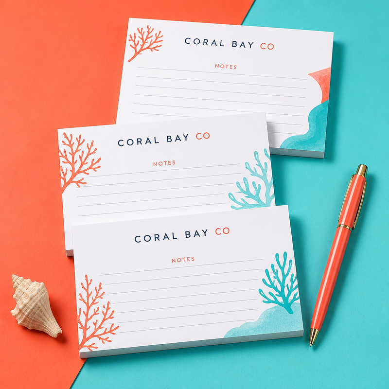 Custom 5 x 3 inch Coral Bay Co lined tear-off notepads, three landscape pads with coral corners and a coral pen