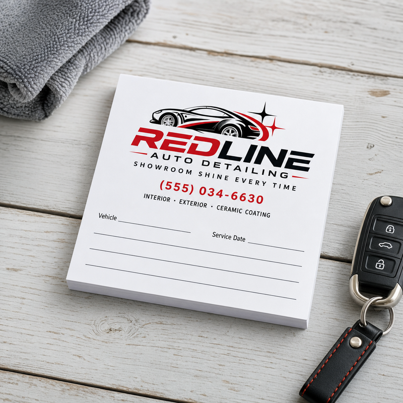 Custom 5 x 5 inch square notepad for an auto detailing shop with vehicle and service date lines, beside a car key