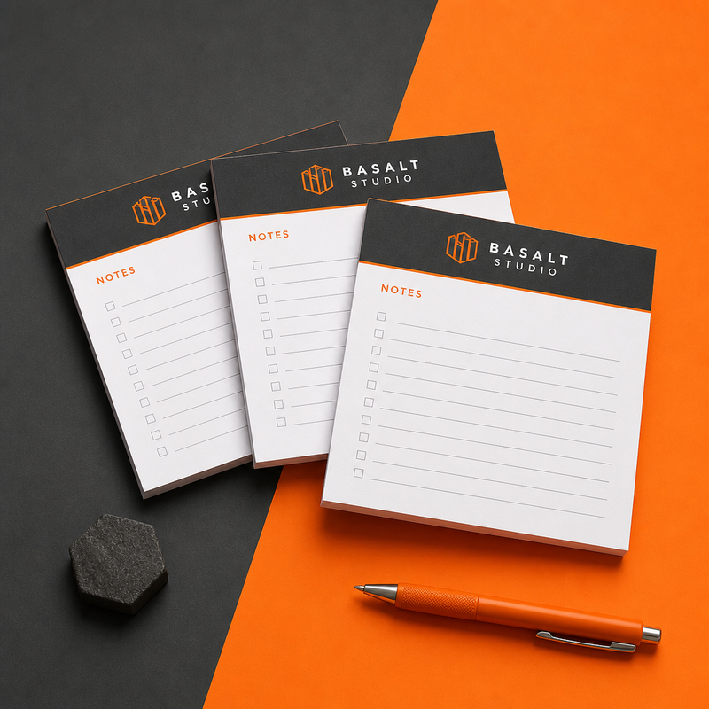 Custom 6 x 6 inch Basalt Studio square checklist notepads, three pads with a dark header and an orange pen