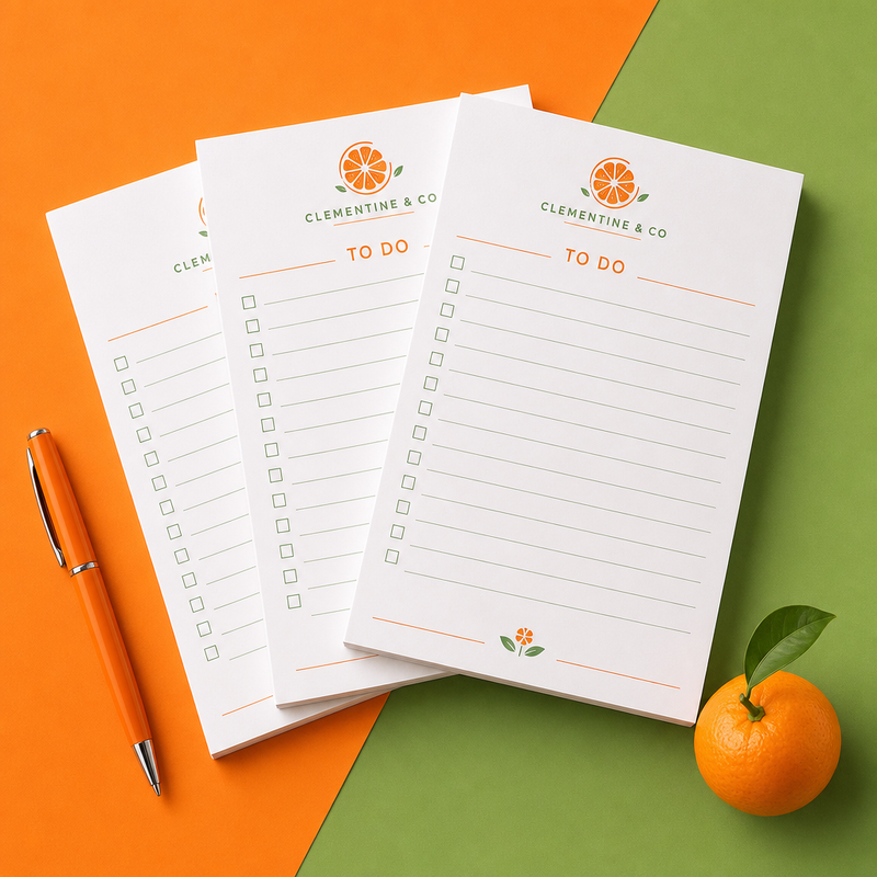 Custom 6 x 9 inch TO DO checklist pads with an orange-slice logo on orange and green paper