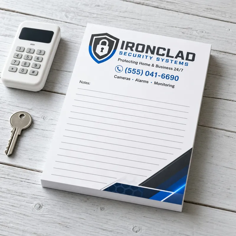 Custom 6 x 9 inch security company Notes pad with a padlock shield logo on white wood boards
