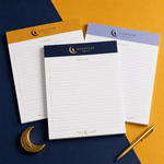 Custom 8.5 x 10.5 inch Nightjar Press full-page notepads, three lined Notes pads on navy and gold with a gold pen