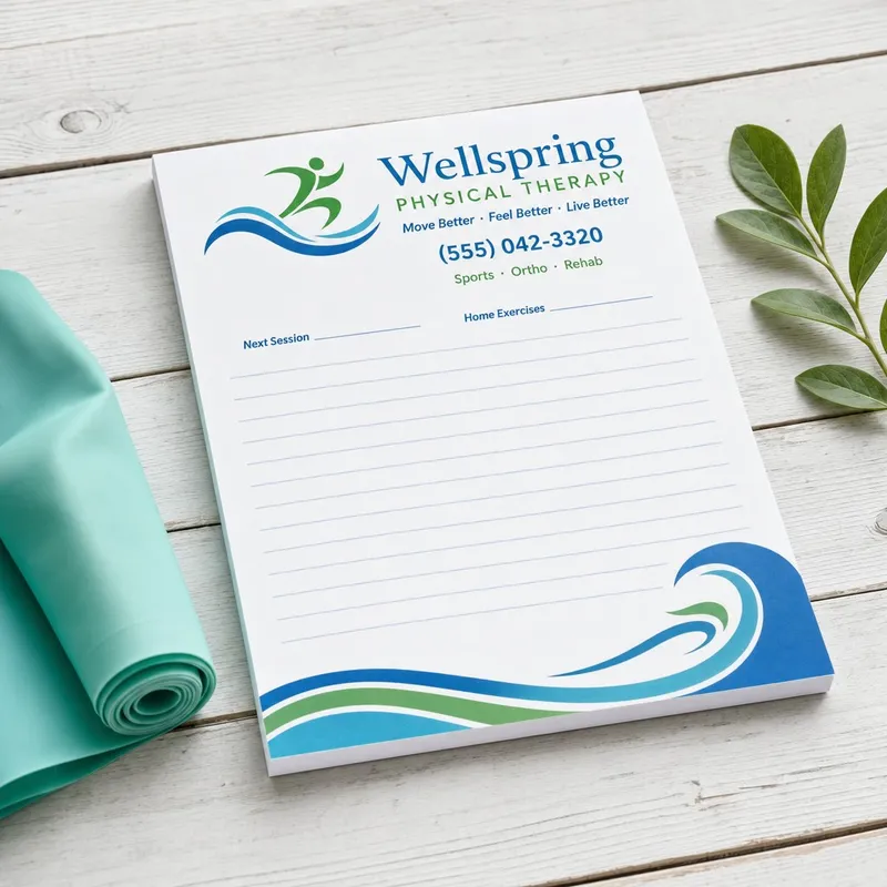 Custom 8.5 x 10.5 inch Wellspring Physical Therapy notepad with logo, phone, session fields and a blue wave
