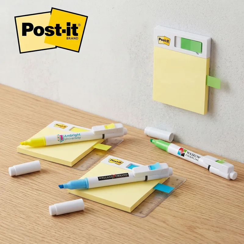 Custom Post-it flag, pen, and highlighter combo promotional set with branded sticky notes