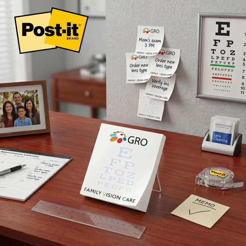 Custom 2.75x3 inch Post-it notes promotional sticky pad with branding, shown upright