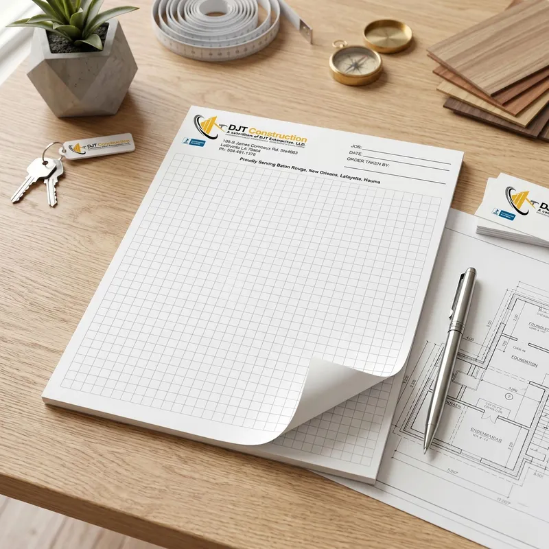 Custom 8.5 x 11 inch quarter-inch graph grid notepad shown flat, with even square grid lines and a tear-off top-bound pad.