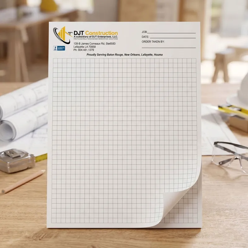 Custom 8.5 x 11 inch quarter-inch graph grid notepad standing upright, printed with uniform square grid lines on a top-glued pad.