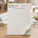 Custom 8.5 x 11 inch quarter-inch graph grid notepad standing upright, printed with uniform square grid lines on a top-glued pad.