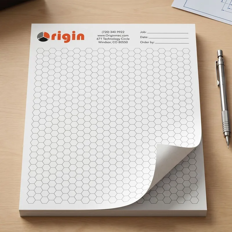 Custom 8.5 x 11 inch small hexagon grid notepad shown flat, printed with a fine honeycomb pattern on a tear-off top-bound pad.