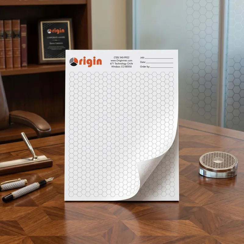 Custom 8.5 x 11 inch small hexagon grid notepad standing upright, with a fine honeycomb pattern on a top-glued pad.